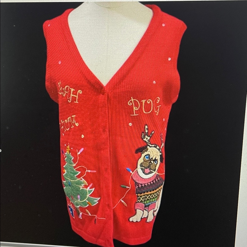 Holiday Time Bah Hum Bug red Christmas Sweater Vest Pug Dog